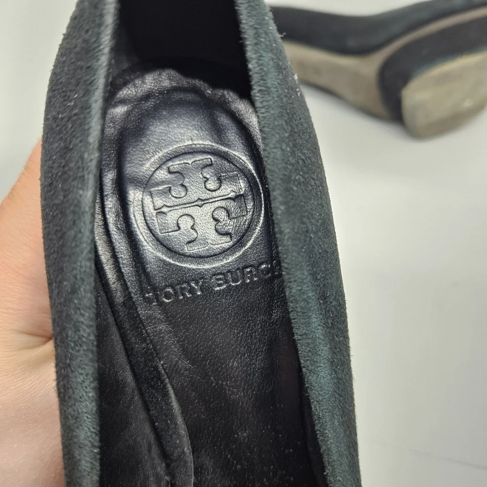 Tory Burch black suede Camille platform stiletto heels size 6
